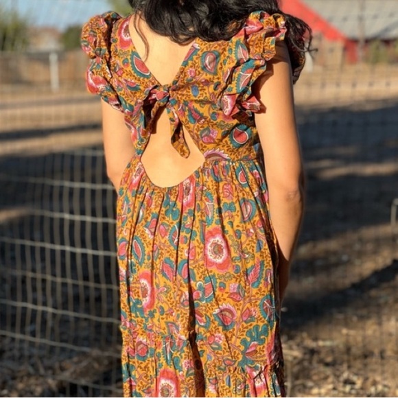 House of Harlow 1960 Jackie Mustard Floral Print Smocked Maxi Dress - Picture 7 of 13